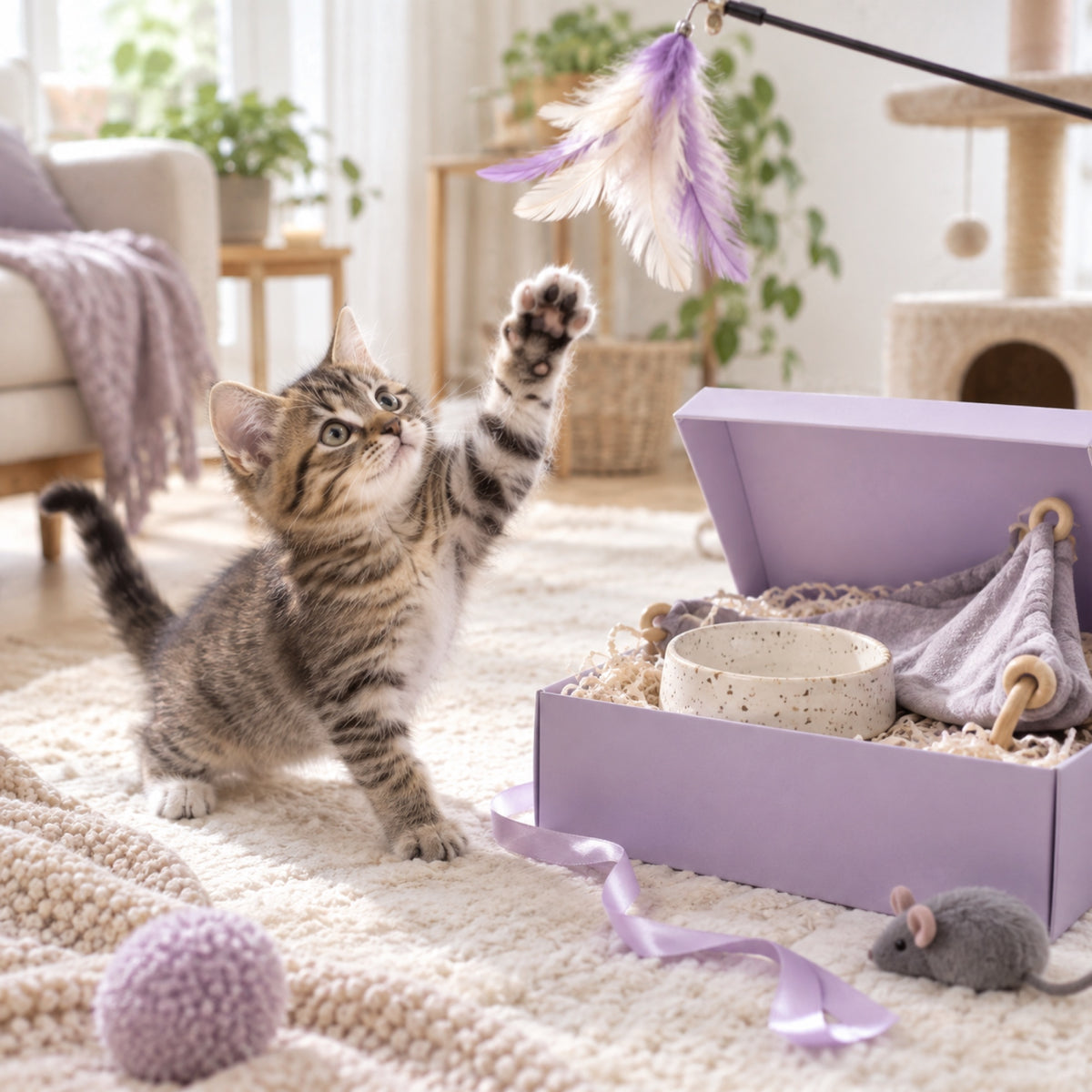 Coffret Bienvenue chaton Softy en situation dans un intérieur lumineux