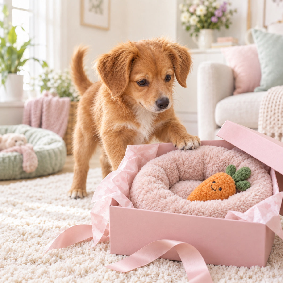 Coffret Bienvenue chiot Softy en situation dans un intérieur lumineux