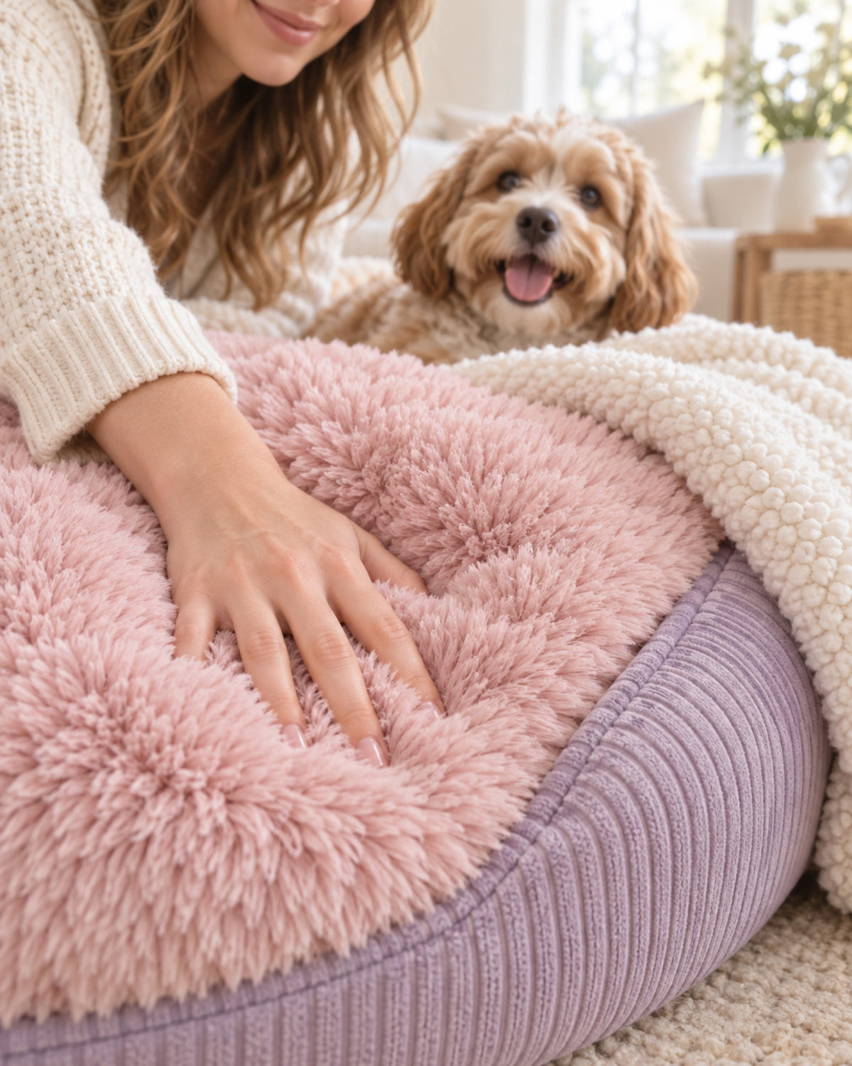 Gros plan sur la fausse fourrure et les coutures d'un accessoire Softy