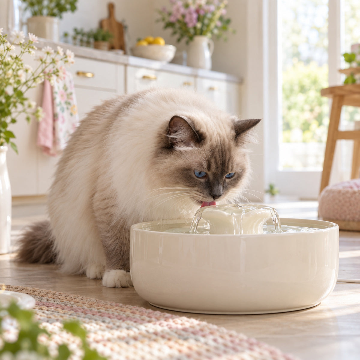 Fontaine à eau pour chat Softy en situation dans un intérieur lumineux