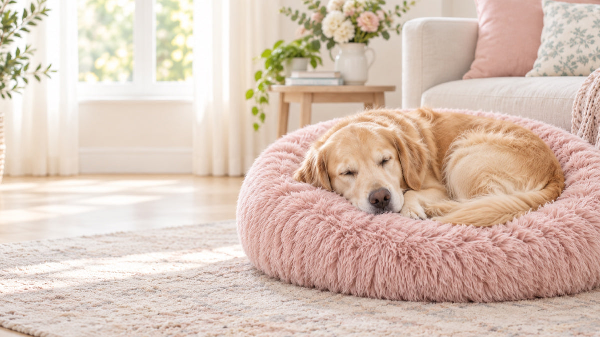 Un golden retriever endormi dans un panier nuage rose Softy