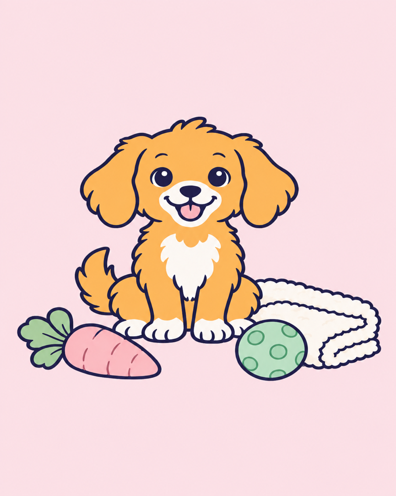Illustration de Biscuit entouré de ses jouets préférés